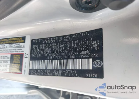 2014 Toyota Camry Se из США, поврежденный, VIN 4T1BF1FK8EU329398